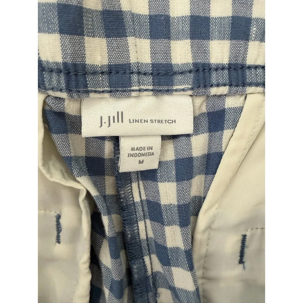 J Jill Love Linen Blue Gingham 100% Linen Top & Pants Set Womens M Coastal Lux